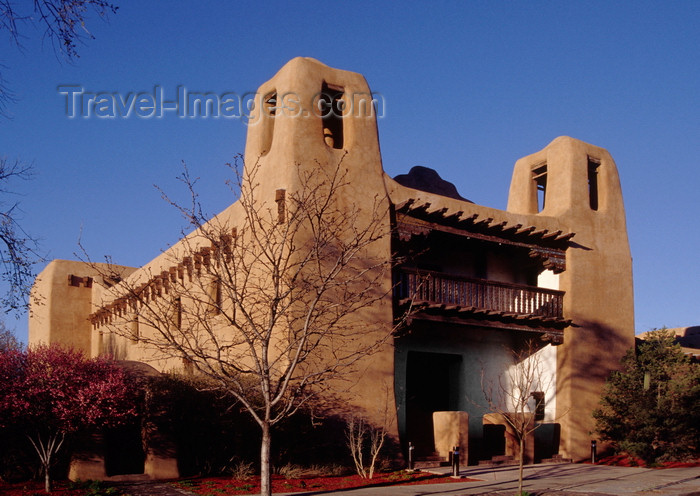 usa1574: Santa Fé, New Mexico, USA: New Mexico Museum of Art - balcony on West Palace Avenue - Pueblo Revival Style architecture - architect Isaac Hamilton Rapp  - photo by C.Lovell - (c) Travel-Images.com - Stock Photography agency - Image Bank