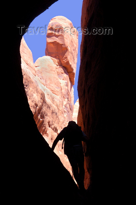 usa1687: Arches National Park, Utah, USA: Fiery Furnace - climber's silhouette on a narrow passage - photo by B.Cain - (c) Travel-Images.com - Stock Photography agency - Image Bank