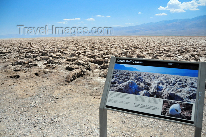 usa1840: Death Valley National Park, California, USA: Devil's Golf Course - sign and halite salt crystal formations against the Panamint Range - photo by M.Torres - (c) Travel-Images.com - Stock Photography agency - Image Bank