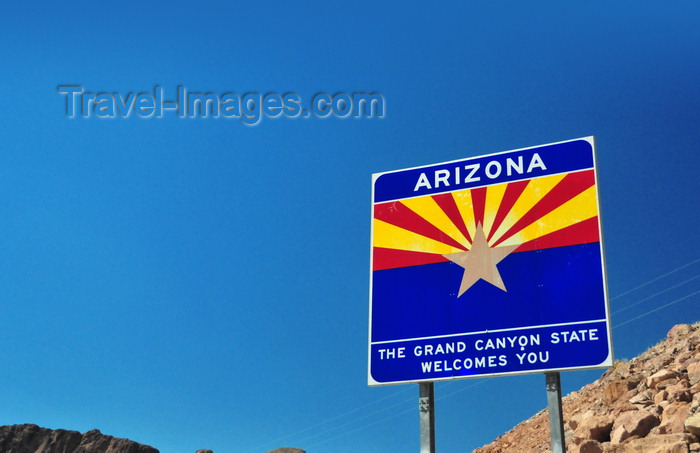 usa1874: Hoover Dam, Mohave County, Arizona, USA: welcome to Arizona sign with the state flag - border with Nevada - photo by M.Torres - (c) Travel-Images.com - Stock Photography agency - Image Bank