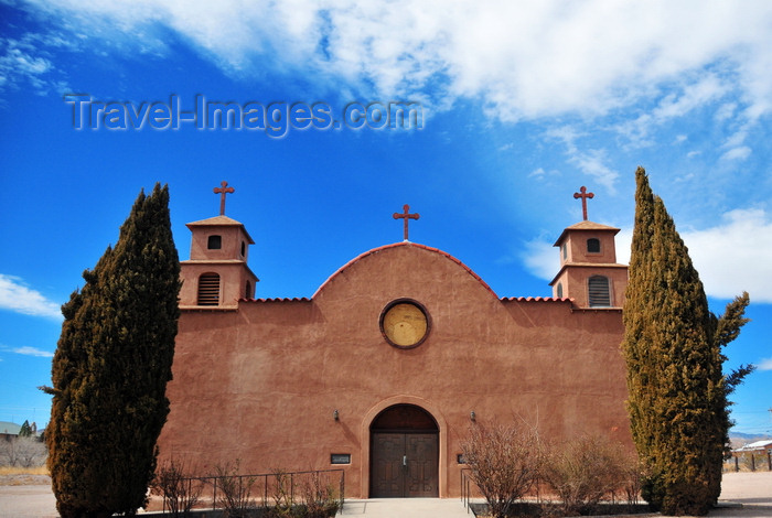 usa1944: San Antonio, Socorro County, New Mexico, USA: Spanish colonial style church dedicated to San Antonio - adobe facade flanked by cypresses - intersection of US 380 and Interstate 25 - photo by M.Torres - (c) Travel-Images.com - Stock Photography agency - Image Bank