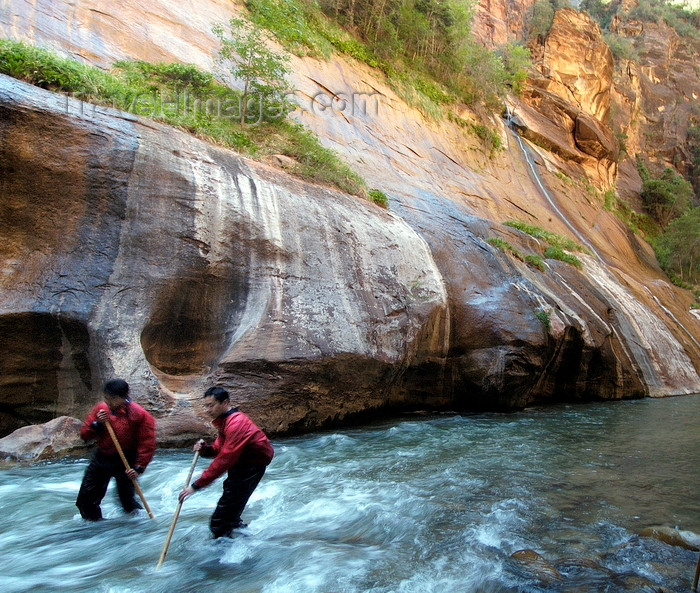 usa2111: Zion National Park, Utah, USA: Virgin River Narrows - hikers with trekking poles struggle against the current - photo by B.Cain - (c) Travel-Images.com - Stock Photography agency - Image Bank