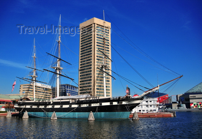 usa2156: Baltimore, Maryland, USA: USS Constellation, built in the Gosport Navy Yard in Norfolk, Virginia - WTC and The Examiner in the background - photo by M.Torres - (c) Travel-Images.com - Stock Photography agency - Image Bank