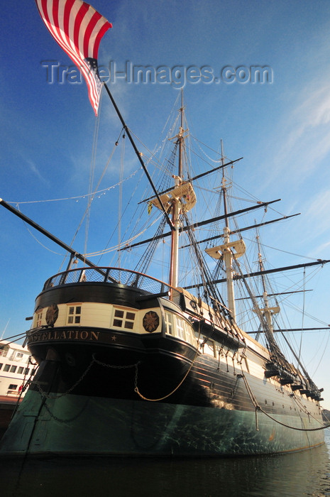 usa2163: Baltimore, Maryland, USA: sloop-of-war USS Constellation berthed at Pier 1 - stern view with flag in the wind - Inner Harbor - Baltimore Maritime Museum - photo by M.Torres - (c) Travel-Images.com - Stock Photography agency - Image Bank