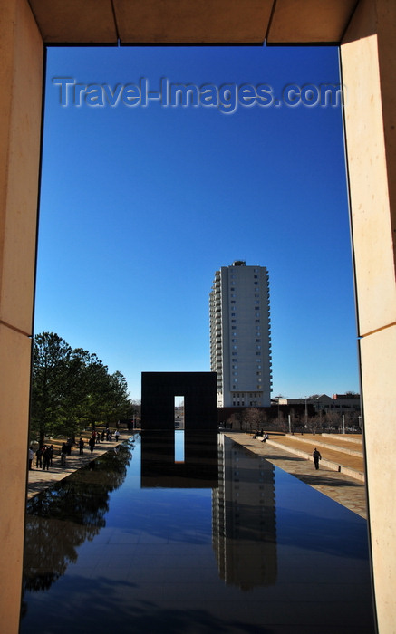usa2313: Oklahoma City, OK, USA: Oklahoma City National Memorial - reflecting pool and both gates - honours the victims of the 1995 Oklahoma City bombing that destroyed the Alfred P. Murrah Federal Building - Timothy McVeigh was executed for the crime - Regency Tower in the background - photo by M.Torres - (c) Travel-Images.com - Stock Photography agency - Image Bank