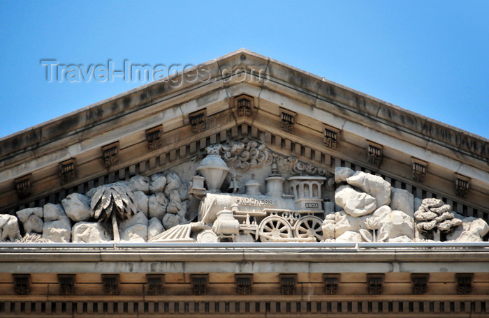 usa2493: Louisville, Kentucky, USA: Louisville City hall - relief on the pediment over the main entrance, a train steaming forward past Southern flora with the inscription 'Progress, 1871' - Indiana Limestone in a blend of Italianate and Second Empire styles by architect John Andrewartha - photo by M.Torres - (c) Travel-Images.com - Stock Photography agency - Image Bank