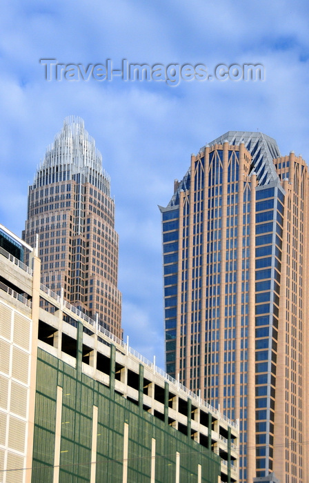 usa2562: Charlotte, North Carolina, USA: Hearst Tower - North Tryon Street, to the left Bank of America tower and parking deck below - photo by M.Torres - (c) Travel-Images.com - Stock Photography agency - Image Bank
