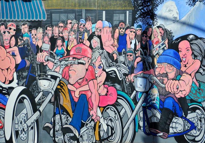 usa409: Sturgis, Meade County, South Dakota, USA: bikers of the Sturgis Motorcycle Rally - mural on Sturgis Outpost - Main Street - photo by M.Torres - (c) Travel-Images.com - Stock Photography agency - Image Bank