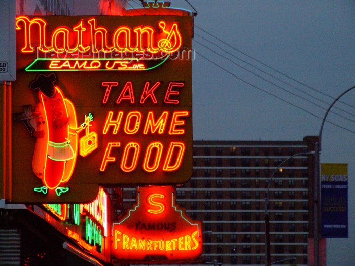 usa679: New York City, USA: Coney Island - hot dog neon - take home food - photo by M.Bergsma - (c) Travel-Images.com - Stock Photography agency - Image Bank