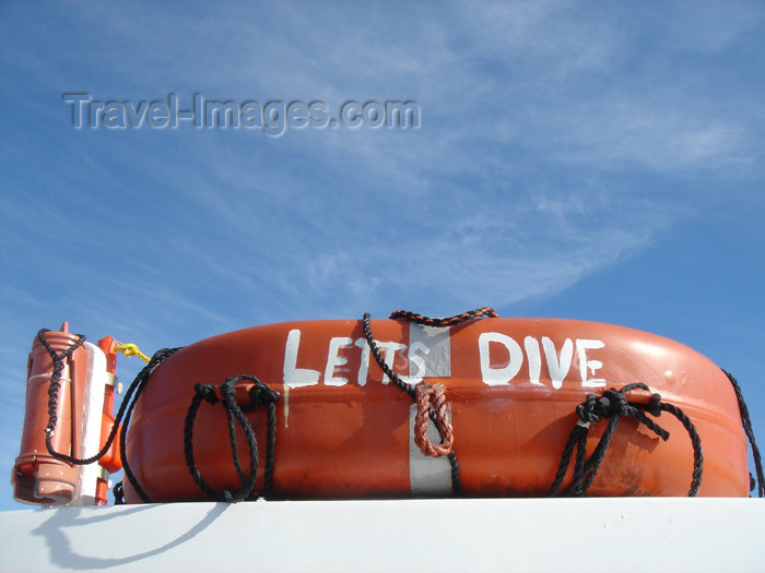 virgin-us67: USVI - St. Thomas - life preserver atop a boat which took divers to explore boat wreckages - photo by G.Friedman - (c) Travel-Images.com - Stock Photography agency - Image Bank