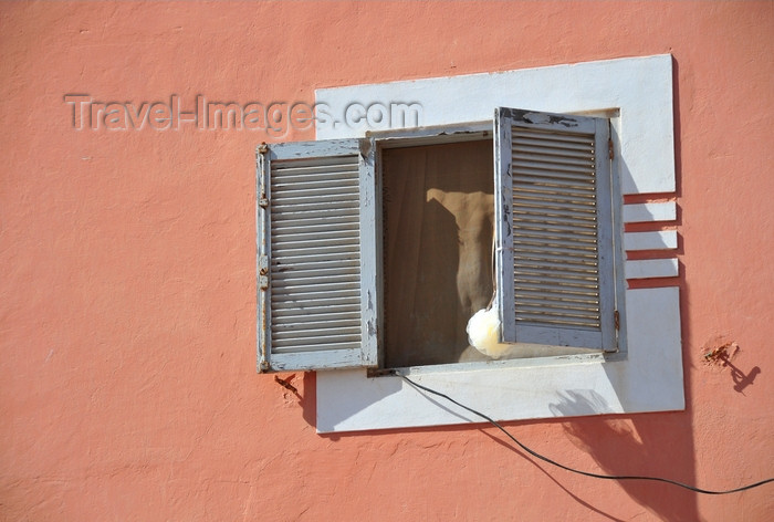 western-sahara16: Laâyoune / El Aaiun, Saguia el-Hamra, Western Sahara: window behind the Cathedral - drying a pouf mesh sponge - photo by M.Torres - (c) Travel-Images.com - Stock Photography agency - Image Bank