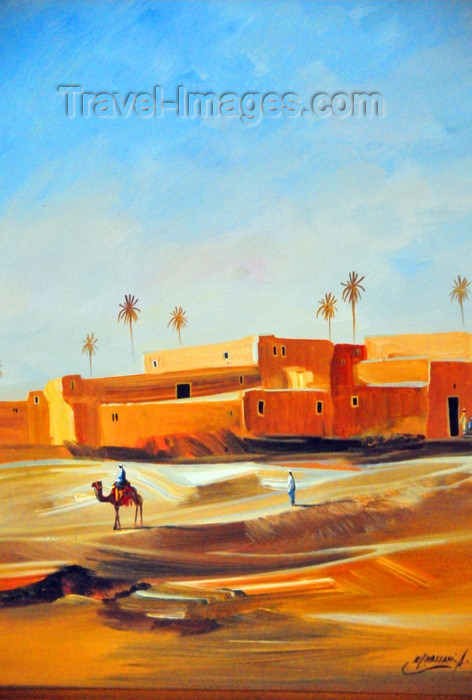 western-sahara7: Laâyoune / El Aaiun, Saguia el-Hamra, Western Sahara: camel and desert village - painting by El Hassani - photo by M.Torres - (c) Travel-Images.com - Stock Photography agency - Image Bank