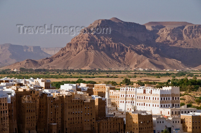 yemen59: Shibam, Hadhramaut Governorate, Yemen: buildings of the Old Walled City of Shibam with views to the mountains beyond - UNESCO World Heritage Site - the Manhattan of the desert - the tallest mud buildings in the world  - photo by J.Pemberton - (c) Travel-Images.com - Stock Photography agency - Image Bank