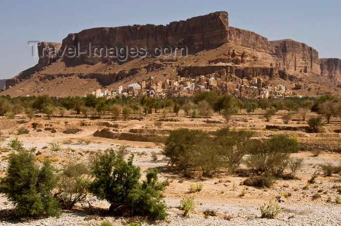 yemen66: Wadi Hadhramaut, Hadhramaut Governorate, Yemen:  traditional village set under the Wadi cliffs - mesa and dry river bed - photo by J.Pemberton - (c) Travel-Images.com - Stock Photography agency - Image Bank