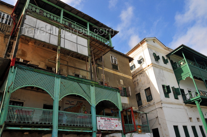 zanzibar46: Stone Town, Zanzibar, Tanzania: façades with wooden balconies along Mizingani Road - Seaview Indian Restaurant - photo by M.Torres - (c) Travel-Images.com - Stock Photography agency - Image Bank