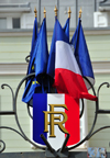 Saint-Denis, Runion: tricolor shield with RF - EU and French flags - public building on Avenue de la Victoire - photo by M.Torres