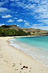 Pointe Coton beach, Rodrigues island, Mauritius: a tranquil bay lined by shade trees - photo by M.Torres
