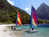 St Lucia: La Soufrire - catamarans on the beach - photo by P.Baldwin