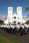 Samoa - Upolo - Apia: Police march every morning to the flag-raising - Immaculate Conception of Mary Catholic Cathedral - Main West Coast Road - Fetu Ole Moana - photo by R.Eime