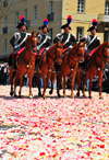 Cagliari, Sardinia / Sardegna / Sardigna: Feast of Sant'Efisio / Sagra di Sant'Efisio - mounted Carabinieri on a floor of rose petals of 'Sa Ramadura' - infiorata - tappeto floreale - photo by M.Torres