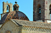 Barumini , Medio Campidano province, Sardinia / Sardegna / Sardigna: Church of the Immaculate Conception - dome, roofs and Neapolitan bells - Chiesa Parrocchiale dell'Immacolata - photo by M.Torres