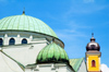 Western Slovakia / Zpadoslovensk - Trencn / Trencsn /Trentschin / Laugaricio: domes of the Synagogue - Strove Square - architect Dr. Richard Scheibner (photo by P.Gustafson)