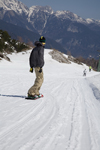 Slovenia - snowboarder on Vogel mountain in Bohinj - Julian Alps on the horizon - photo by I.Middleton