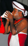 Kandy, Central province, Sri Lanka: conch player - musician - Maha Nuvara - Senkadagalapura - photo by M.Torres