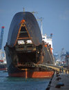 Taiwan - Keelung port - boat with open prow - photo by Bob Henry