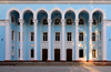 Dushanbe, Tajikistan: elegant blue faade with arcade of the A. Lahuti Academic Theatre, Soviet architecture on Rudaki avenue - photo by M.Torres