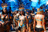 Port of Spain, Trinidad and Tobago: girls with blue feathered crowns - carnival - photo by E.Petitalot