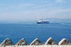 Turkey - Bodrum: Saint Peters's castle - gun embrasure / crenelle and MYS Wind Surf cruiseship, formerly the Club Med - photo by M.Bergsma