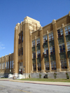 Tulsa, Oklahoma, USA: Will Rogers High School - East 5th Place - designed by Leon B. Senter and Joseph R. Koberling, Jr. - PWA period Art Deco - buff brick - photo by G.Frysinger