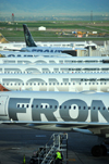 Denver, Colorado, USA: Denver International Airport is a hub for Frontier Airlines - fuselages of Frontier Airlines aircraft - Concourse A - photo by M.Torres