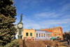 Manitou Springs, El Paso County, Colorado, USA: goddess Hebe atop the Wheeler Town Clock - buildings of Canon avenue - commercial district - photo by M.Torres