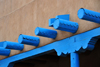 Taos, New Mexico, USA: traditional wooden beams and columns - Taos Plaza - photo by M.Torres