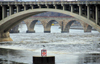 Minneapolis, Minnesota, USA: Third Avenue Bridge and Stone Arch Bridge - Mississippi River - dam sign for St. Anthony Falls Upper Lock and Dam - photo by M.Torres