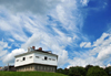 Maine, Kittery, Maine, New England, USA: 1844 blockhouse at Fort McClary and chaotic sky - Kittery Point, mouth of the Piscataqua River - photo by M.Torres