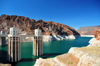 Hoover Dam, Clark County, Nevada, USA: water intake towers in the Black Canyon of the Colorado River, part of Lake Mead, named after commissioner of the U.S. Bureau of Reclamation Elwood Mead - a high-water mark or 'bathtub ring' is visible - photo by M.Torres