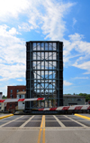 Mystic, CT, USA: Mystic River Bascule Bridge in full-up position, seen from a car's point of view with barriers in front - historical drawbridge spanning the Mystic River, built in 1920, owned by the Connecticut Department of Transportation - photo by M.Torres