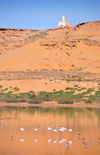 Layoune / El Aaiun, Saguia el-Hamra, Western Sahara: flamingos and old watch tower on the edge of the desert - Oued Saqui el-Hamra - photo by M.Torres