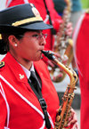 Lima, Peru: Saxophone player of the Peruvian National Police marching band - Plaza de Armas - change of the guard parade - photo by M.Torres