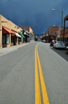Santa F, New Mexico, USA: San Francisco street, looking east - dark sky 2 minutes before the rain - double yellow line - photo by M.Torres